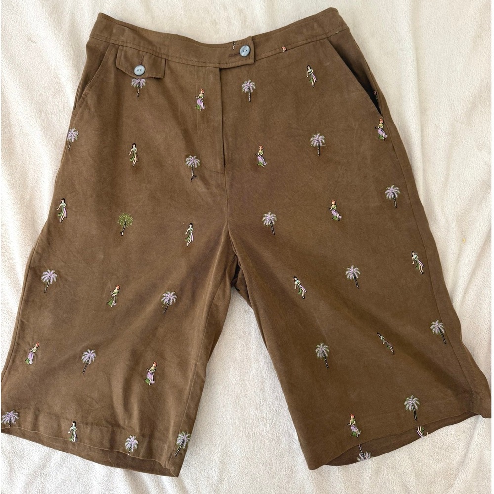 Bobby Chan Vintage Silk Blend Embroidered Bermuda Shorts Brown Hula Palm Tree